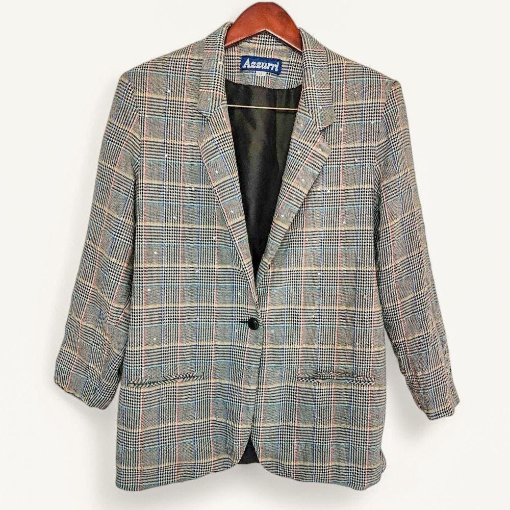 Azzurri Vintage Plaid Rhinestone Blazer Multi-Color Glen Check Size 14 Retro 90s